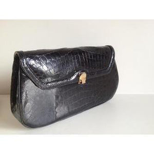 Vintage 80s Black Caiman Crocodile Clutch/Long Croc Strap Bag w/ Attractive Silvertone And Gilt Clasp-Vintage Handbag, Exotic Skins-Brand Spanking Vintage