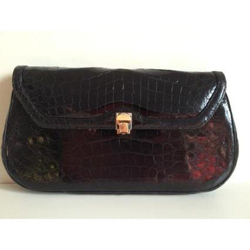 Vintage 80s Black Caiman Crocodile Clutch/Long Croc Strap Bag w/ Attractive Silvertone And Gilt Clasp-Vintage Handbag, Exotic Skins-Brand Spanking Vintage