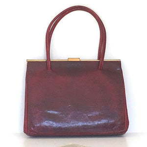 Vintage Bag, Purse, 1950s, In Deep Red Lizard Skin, Oyster Satin Lining And Fixed Coin Purse-Vintage Handbag, Exotic Skins-Brand Spanking Vintage