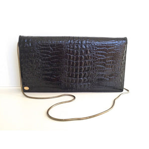 Vintage Black Patent Baby Crocodile Clutch Bag w/ Removable Gilt Snake Chain-Vintage Handbag, Exotic Skins-Brand Spanking Vintage
