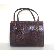 Load image into Gallery viewer, Vintage Dainty 50s Twin Handled Glossy Rich Chocolate Alligator Skin Handbag Made In France-Vintage Handbag, Exotic Skins-Brand Spanking Vintage
