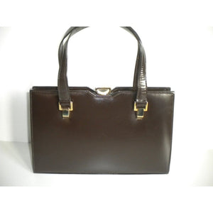 Vintage Dark Brown Leather Bag By Ackery Of London w/ Gilt Detail And Suede Lining-Vintage Handbag, Kelly Bag-Brand Spanking Vintage