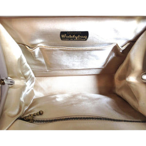 SOLD Vintage Elegant And Rare Caramel/Taupe Waldybag w/ Filigree Gilt Trim To The Front And Matching Silk Coin Purse-Vintage Handbag, Kelly Bag-Brand Spanking Vintage