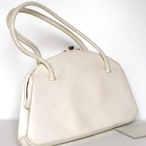 Vintage Elegant Winter White Leather Twin Handled Bag By Waldybag Made in Engand-Vintage Handbag, Kelly Bag-Brand Spanking Vintage