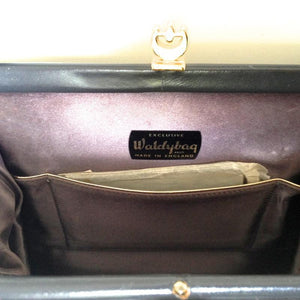 Vintage Exquisite Waldybag Handbag In Grey Leather w/ Ornate Gilt Clasp And Motif Grape Silk Lining w/ Matching Coin Purse-Vintage Handbag, Kelly Bag-Brand Spanking Vintage