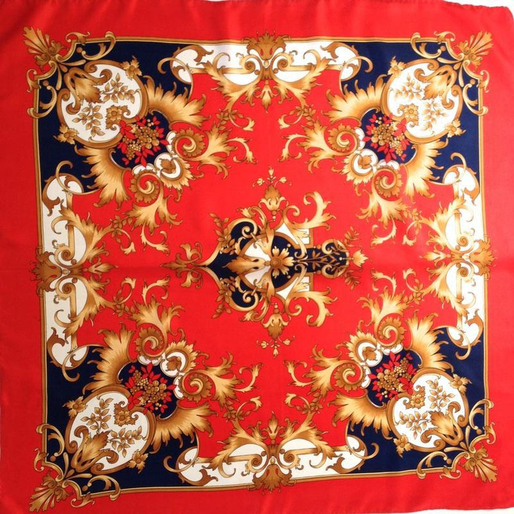 Vintage Fine Silk Scarf In A Scarlet, Navy And Gold Heraldic Design-Scarves-Brand Spanking Vintage