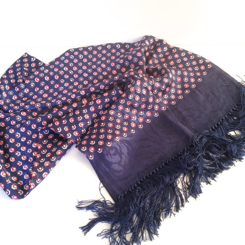 Vintage Gentleman's Silky Long Scarf In Navy/White/Red With Fringe-Accessories, For Him-Brand Spanking Vintage