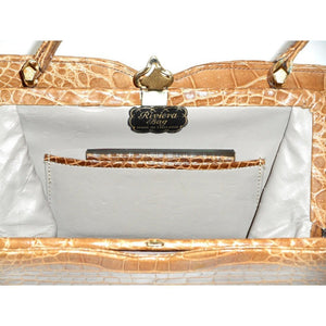 Vintage Handbag In Caramel Crocodile Skin w/ Cream Leather Lining By Riviera Made In England-Vintage Handbag, Exotic Skins-Brand Spanking Vintage