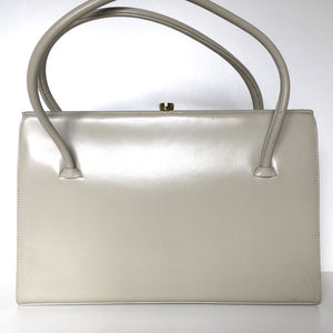 SOLD Vintage leather bag In Classic Twin Handled Bag by Waldybag In Stone/Beige Leather w/ Matching Purse And Original Mirror-Vintage Handbag, Kelly Bag-Brand Spanking Vintage