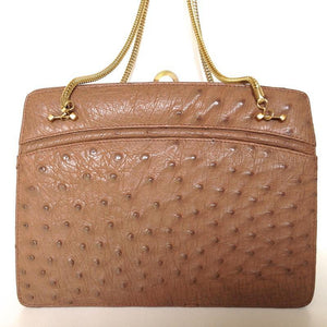 Vintage Handbag/Shoulder Bag w/ Long Gilt Chain Handles In Taupe Genuine Ostrich Skin-Vintage Handbag, Exotic Skins-Brand Spanking Vintage