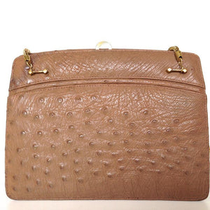 Vintage Handbag/Shoulder Bag w/ Long Gilt Chain Handles In Taupe Genuine Ostrich Skin-Vintage Handbag, Exotic Skins-Brand Spanking Vintage