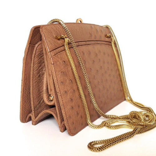 Vintage Handbag/Shoulder Bag w/ Long Gilt Chain Handles In Taupe Genuine Ostrich Skin-Vintage Handbag, Exotic Skins-Brand Spanking Vintage