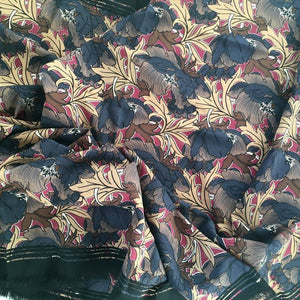 Vintage Liberty Of London Varuna Wool Scarf In Art Nouveau Poppy Design In Brown, Taupe, Black And Ivory On A Fuchsia Background-Scarves-Brand Spanking Vintage