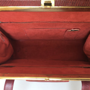 Vintage Large Lizard Skin Handbag in Raspberry Red With Tab Pull On Front And Red Suede Lining-Vintage Handbag, Exotic Skins-Brand Spanking Vintage