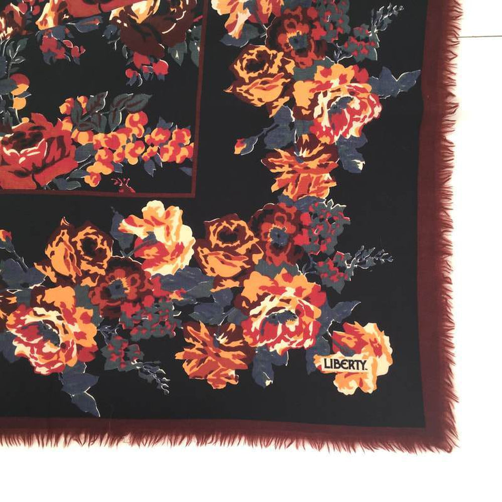 Vintage Liberty Of London Large Varuna Wool Scarf, Shawl, Wrap In Striking Design, Rose And Paeony In Black, Gold, Rust And Grey-Scarves-Brand Spanking Vintage