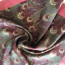 Load image into Gallery viewer, Vintage Liberty of London silk &#39;Hera&#39; peacok feather scarf in pink, green, wine and blue with hand rolled hems-Scarves-Brand Spanking Vintage
