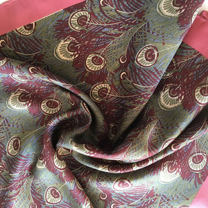 Vintage Liberty of London silk 'Hera' peacock feather scarf in pink, green, wine and blue with hand rolled hems-Scarves-Brand Spanking Vintage