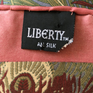 Vintage Liberty of London silk 'Hera' peacok feather scarf in pink, green, wine and blue with hand rolled hems-Scarves-Brand Spanking Vintage