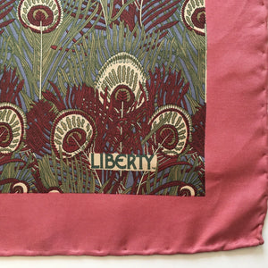 Vintage Liberty of London silk 'Hera' peacock feather scarf in pink, green, wine and blue with hand rolled hems-Scarves-Brand Spanking Vintage