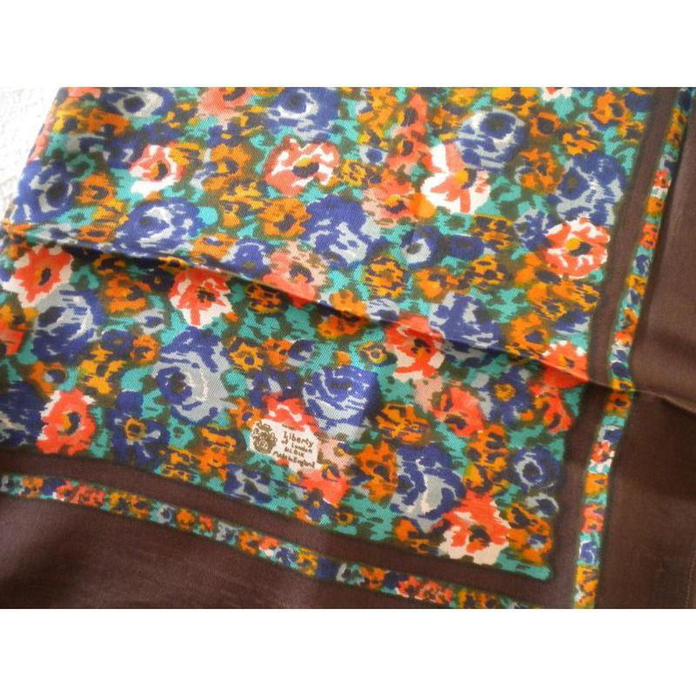 Vintage Liberty Silk Square In Browns And Oranges With Blue-Scarves-Brand Spanking Vintage