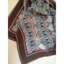 Load image into Gallery viewer, Vintage Small Liberty Of London Silk Scarf In Lanthe Design In Blues, Turquoise, Red And Brown With A Tobacco Brown Border-Scarves-Brand Spanking Vintage
