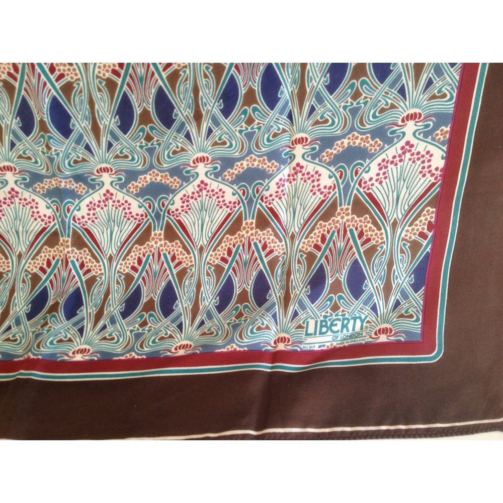 Vintage Small Liberty Of London Silk Scarf In Lanthe Design In Blues, Turquoise, Red And Brown With A Tobacco Brown Border-Scarves-Brand Spanking Vintage