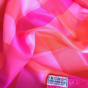 Vintage Unused Silk Scarf In Shocking Pink And Orange Checkerboard Design By Echo-Scarves-Brand Spanking Vintage